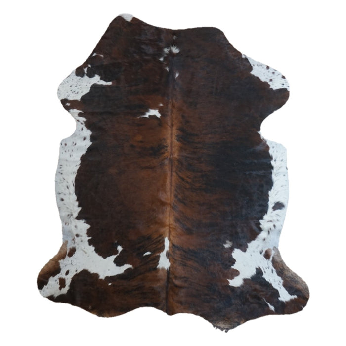 Tricolor cowhide rug, 7' x 5'11", shown on white background (CH-015)
