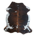 Tricolor cowhide rug, 7' x 5'11", shown on white background (CH-015)