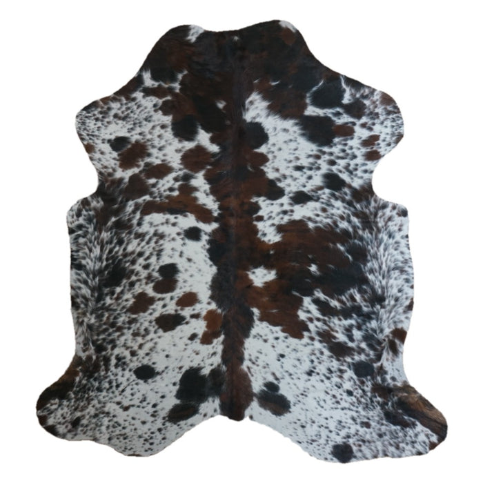 Tricolor cowhide rug, 6'7" x 6'1", shown on white background (CH-016)