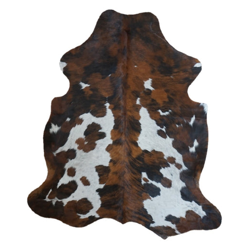 Tricolor cowhide rug, 7'2" x 6'1", shown on white background (CH-018)