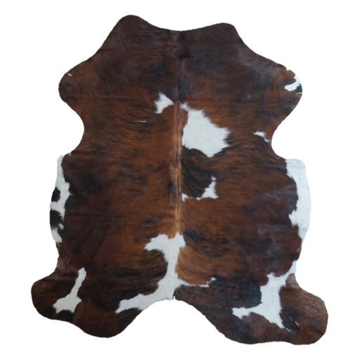 Tricolor cowhide rug, 6'6" x 5'10", shown on white background (CH-019)