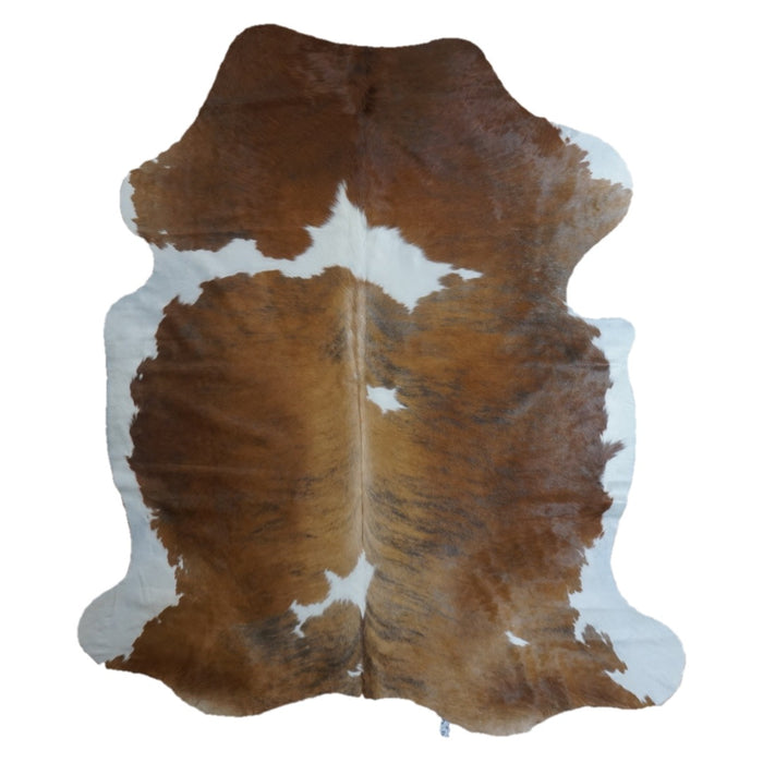 Tricolor cowhide rug, 7'6" x 6'4", shown on white background (CH-020)