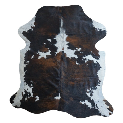 Tricolor cowhide rug, 7'1" x 6'5", shown on white background (CH-022)