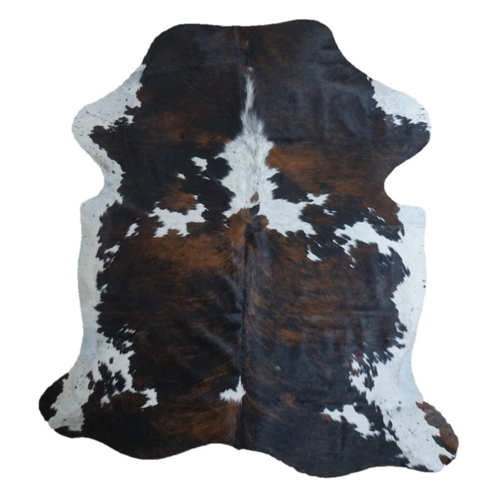 Tricolor cowhide rug, 7'1" x 6'5", shown on white background (CH-022)