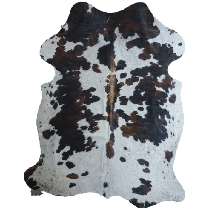 Tricolor cowhide rug, 7'10" x 6'3", shown on white background (CH-023)