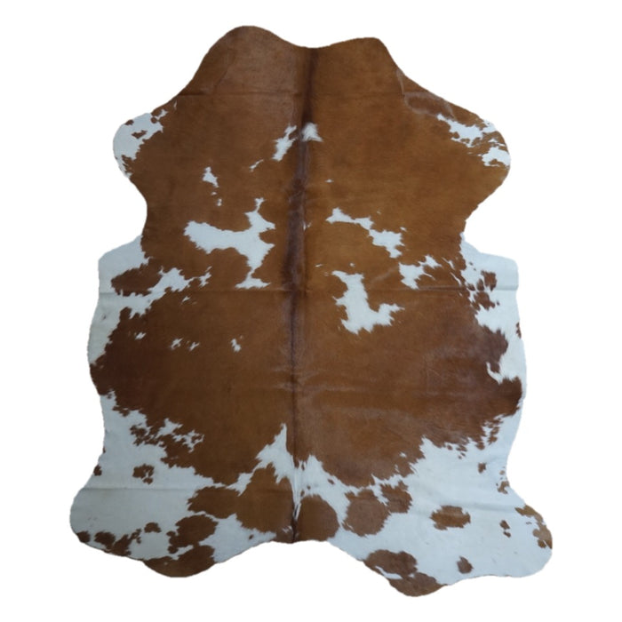 Brown and White cowhide rug, 6'6" x 5'6", shown on white background (CH-026)