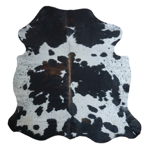 Tricolor cowhide rug, 7' x 6'9", shown on white background (CH-027)