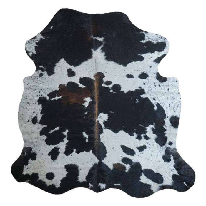 Tricolor cowhide rug, 7' x 6'9", shown on white background (CH-027)