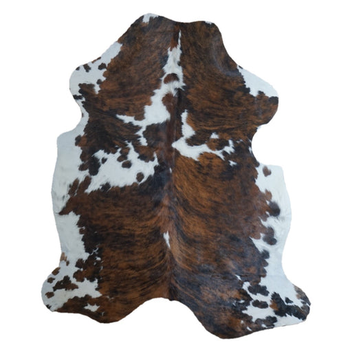 Tricolor cowhide rug, 7'3" x 6'2", shown on white background (CH-028)