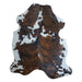 Tricolor cowhide rug, 7'3" x 6'2", shown on white background (CH-028)