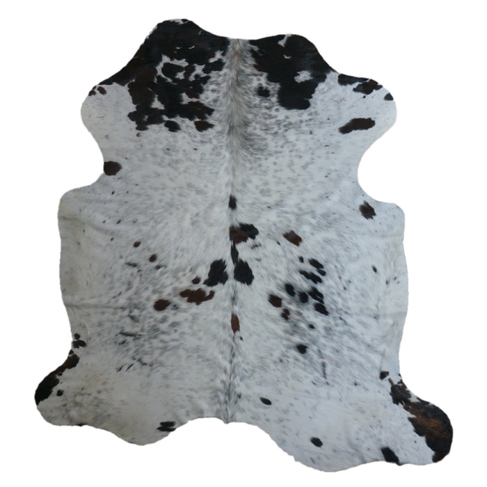 Tricolor cowhide rug, 6'11" x 6'7", shown on white background (CH-029)