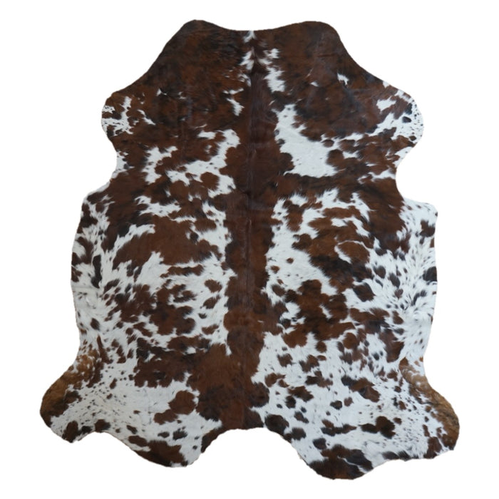 Tricolor cowhide rug, 6'11" x 6'3", shown on white background (CH-030)