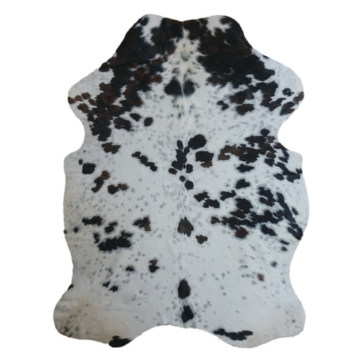Tricolor cowhide rug, 7' x 5'5", shown on white background (CH-032)