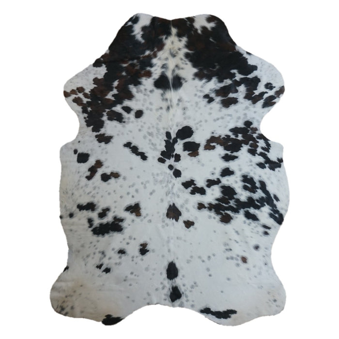 Tricolor cowhide rug, 7' x 5'5", shown on white background (CH-032)