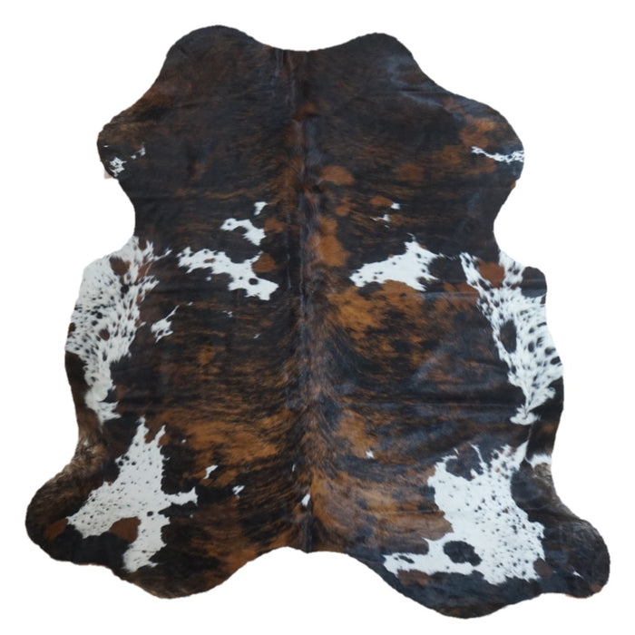 Tricolor cowhide rug, 7' x 6'11", shown on white background (CH-033)