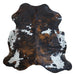 Tricolor cowhide rug, 7' x 6'11", shown on white background (CH-033)