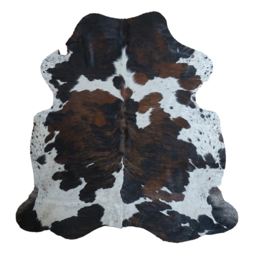 Tricolor cowhide rug, 6'1" x 5'11", shown on white background (CH-034)