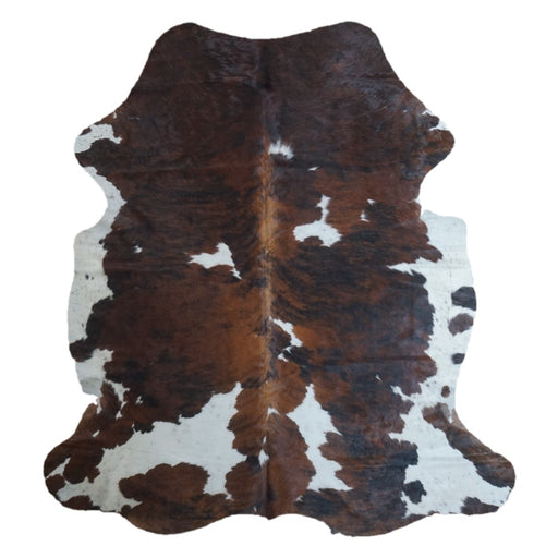 Tricolor cowhide rug, 7'3" x 6'6", shown on white background (CH-035)