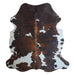 Tricolor cowhide rug, 7'3" x 6'6", shown on white background (CH-035)