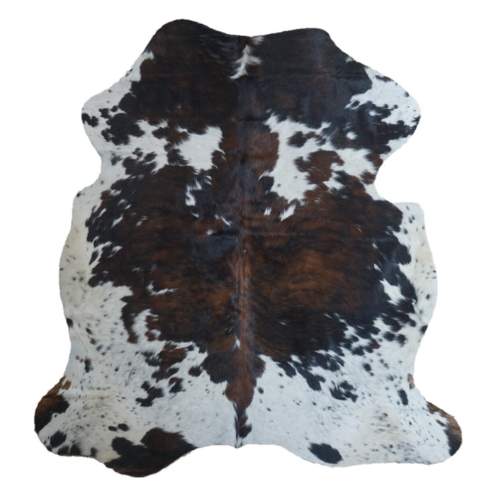 Tricolor cowhide rug, 7'1" x 6'7", shown on white background (CH-038)