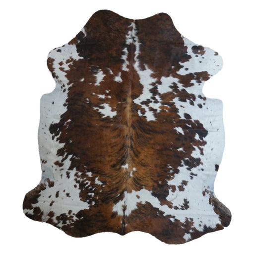 Tricolor cowhide rug, 7'4" x 6'5", shown on white background (CH-040)