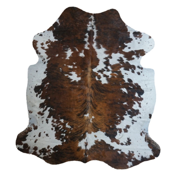 Tricolor cowhide rug, 7'4" x 6'5", shown on white background (CH-040)