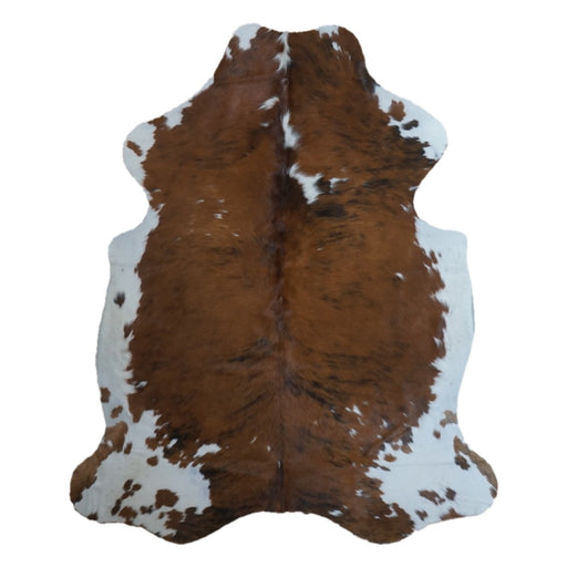 Tricolor cowhide rug, 6'9" x 5'5", shown on white background (CH-041)