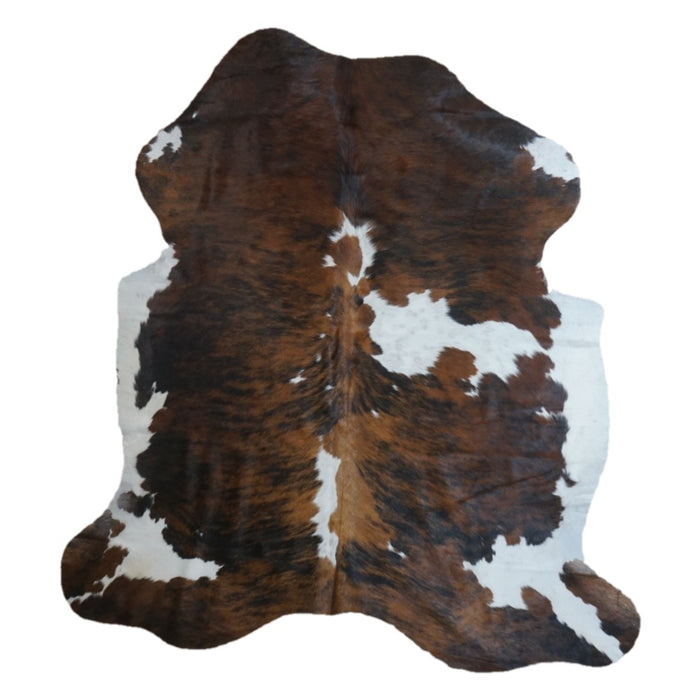 Tricolor cowhide rug, 6'9" x 6'1", shown on white background (CH-042)