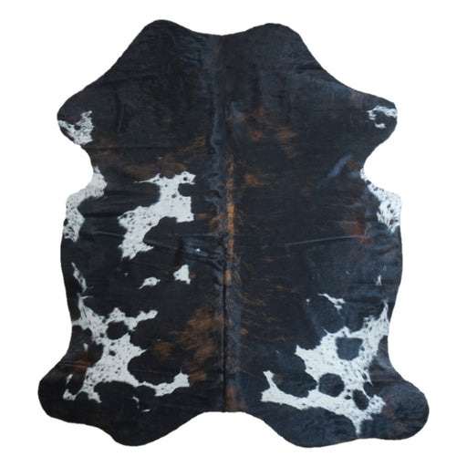 Tricolor cowhide rug, 6'5" x 5'11", shown on white background (CH-044)