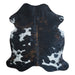 Tricolor cowhide rug, 6'5" x 5'11", shown on white background (CH-044)