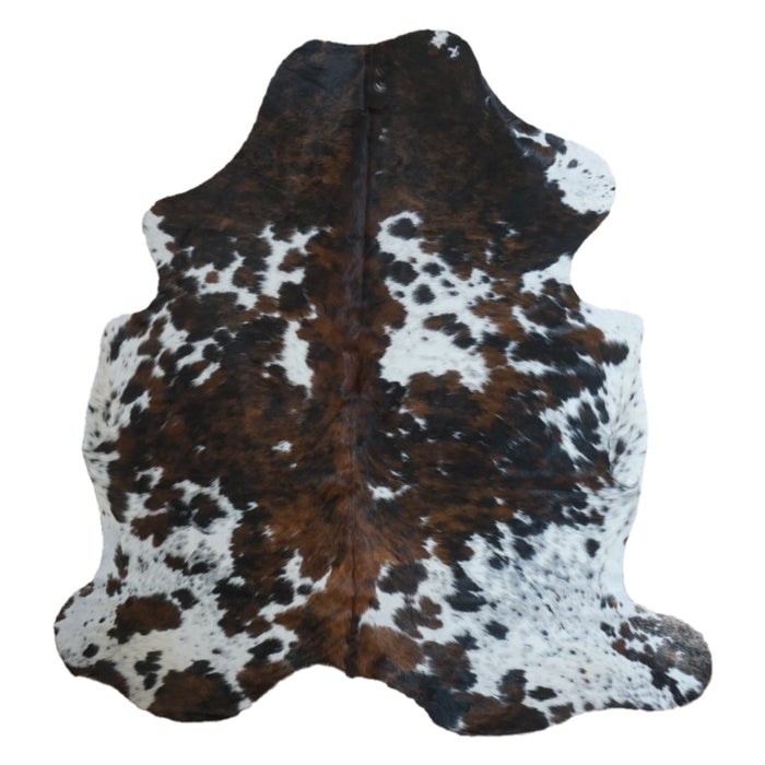 Tricolor cowhide rug, 7'2" x 6'7", shown on white background (CH-045)