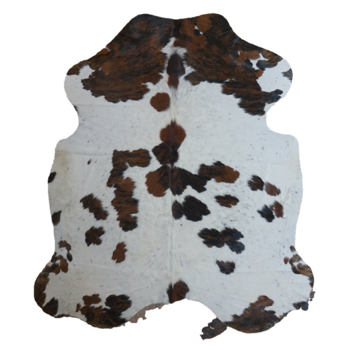 Tricolor cowhide rug, 7'2" x 6'4", shown on white background (CH-046)