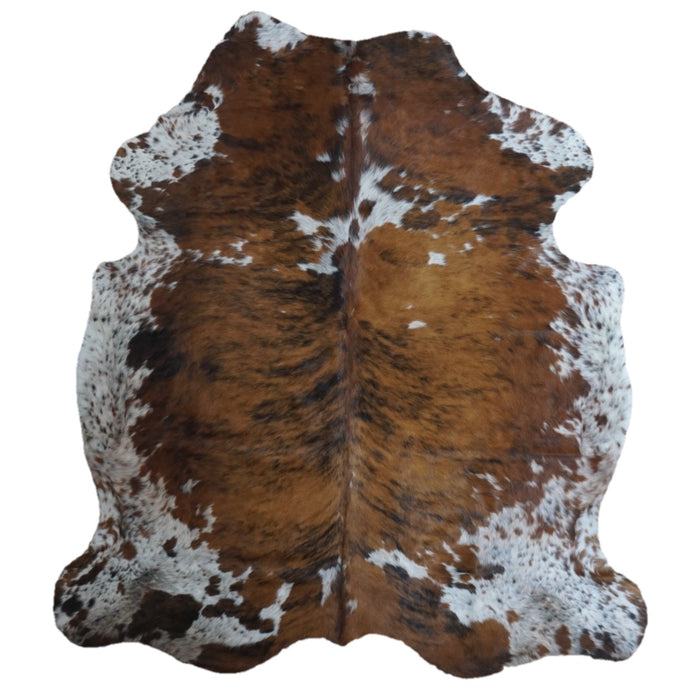 Tricolor cowhide rug, 7'7" x 6'9", shown on white background (CH-047)