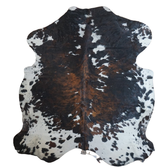Tricolor cowhide rug, 7'7" x 6'9", shown on white background (CH-049)