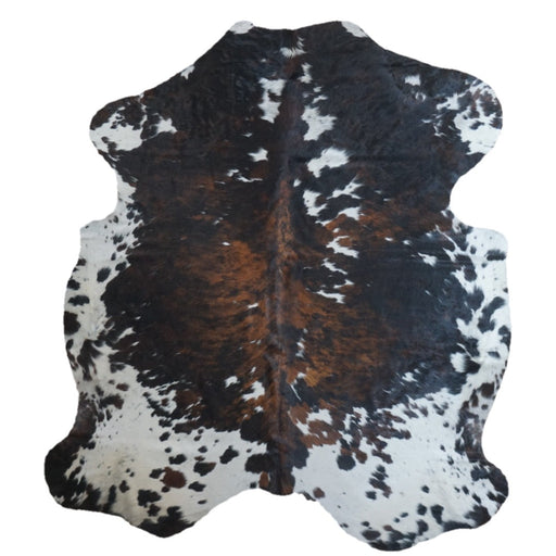 Tricolor cowhide rug, 7'7" x 6'9", shown on white background (CH-049)