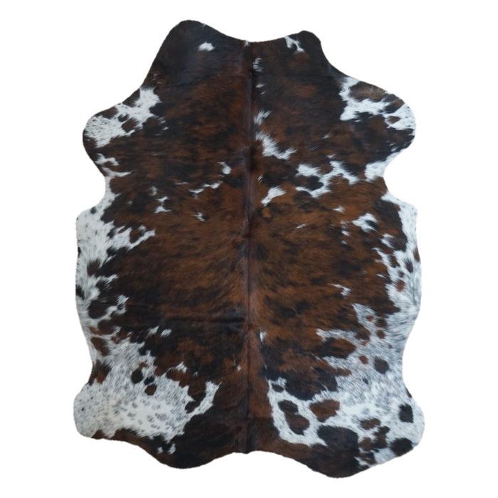 Tricolor cowhide rug, 6'11" x 5'2", shown on white background (CH-050)