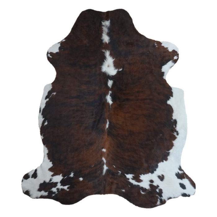 Tricolor cowhide rug, 7' x 6'3", shown on white background (CH-051)