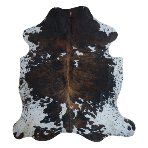 Tricolor cowhide rug, 7'1" x 6'6", shown on white background (CH-052)