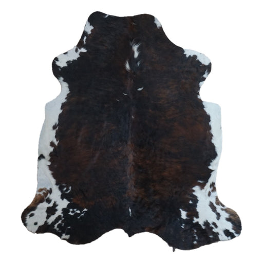 Tricolor cowhide rug, 6'9" x 6'3", shown on white background (CH-053)