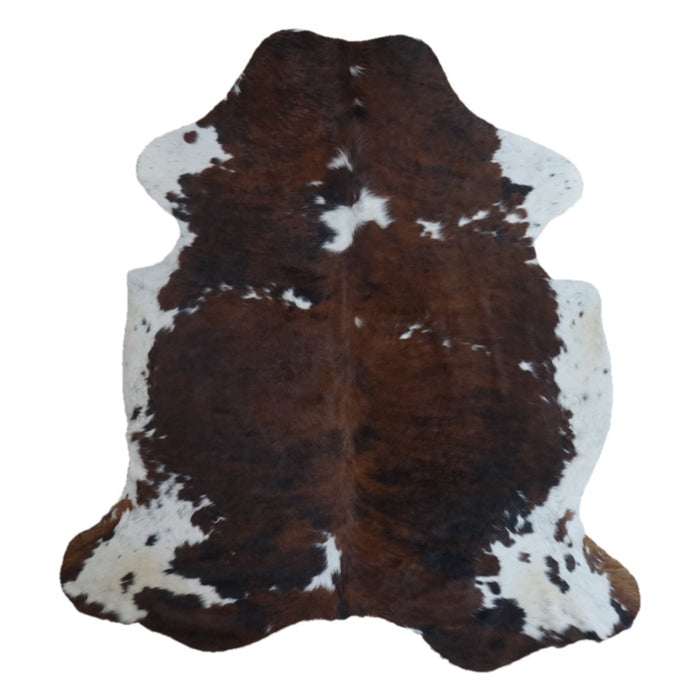 Tricolor cowhide rug, 7'2" x 6'6", shown on white background (CH-057)
