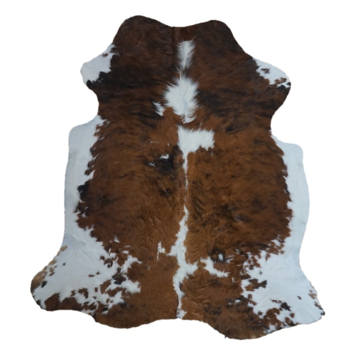 Tricolor cowhide rug, 6'7" x 6'1", shown on white background (CH-058)
