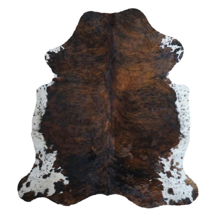 Tricolor cowhide rug, 7'5" x 6'10", shown on white background (CH-059)