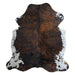 Tricolor cowhide rug, 7'5" x 6'10", shown on white background (CH-059)