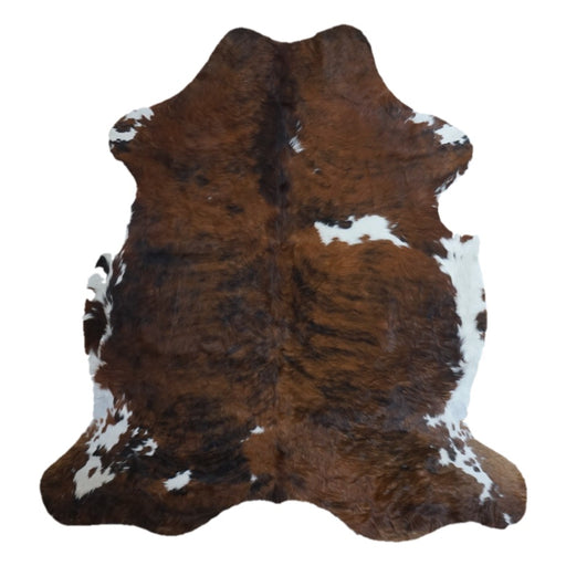 Tricolor cowhide rug, 6'8" x 6'4", shown on white background (CH-060)