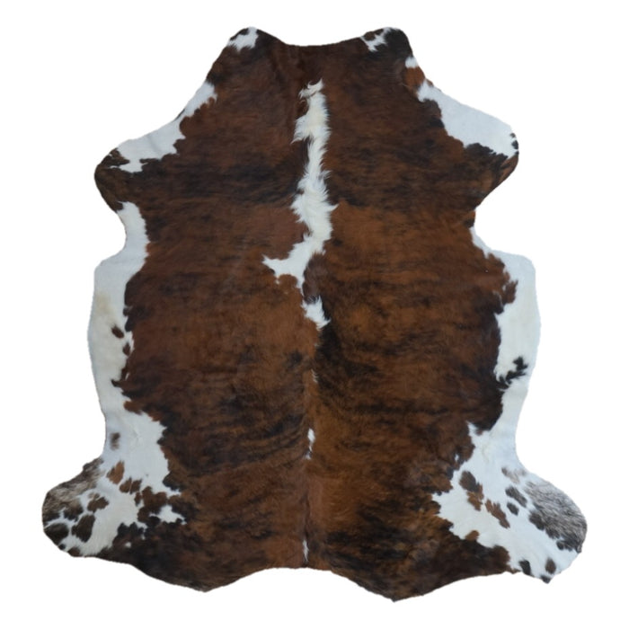Tricolor cowhide rug, 6'8" x 6'5", shown on white background (CH-061)