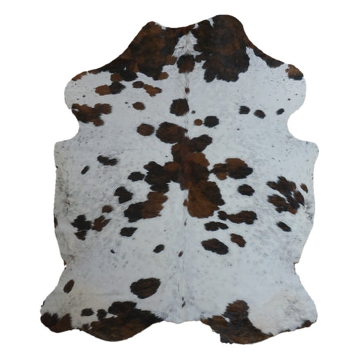 Tricolor cowhide rug, 7'1" x 6'1", shown on white background (CH-062)
