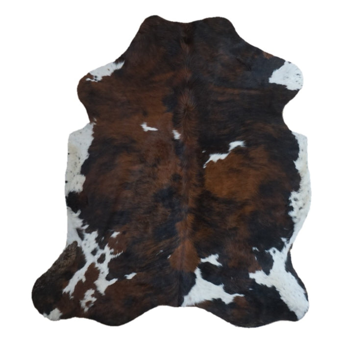 Tricolor cowhide rug, 6'6" x 6'1", shown on white background (CH-063)