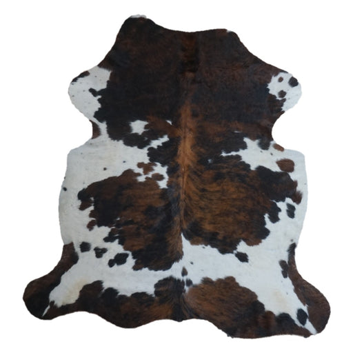 Tricolor cowhide rug, 7'3" x 6'10", shown on white background (CH-065)