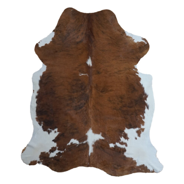 Tricolor cowhide rug, 7'2" x 6', shown on white background (CH-066)