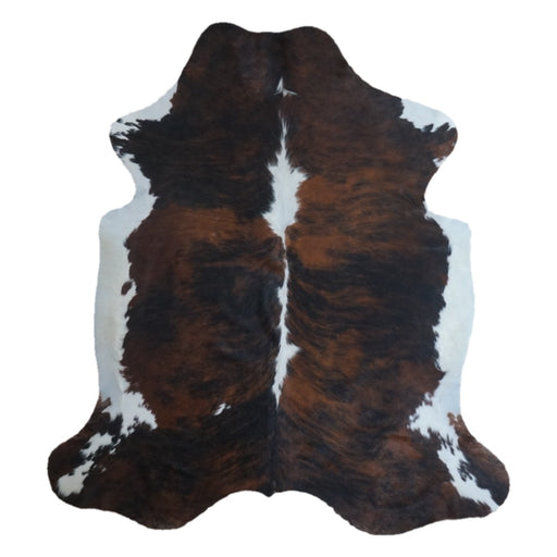 Tricolor cowhide rug, 7'3" x 6'6", shown on white background (CH-067)